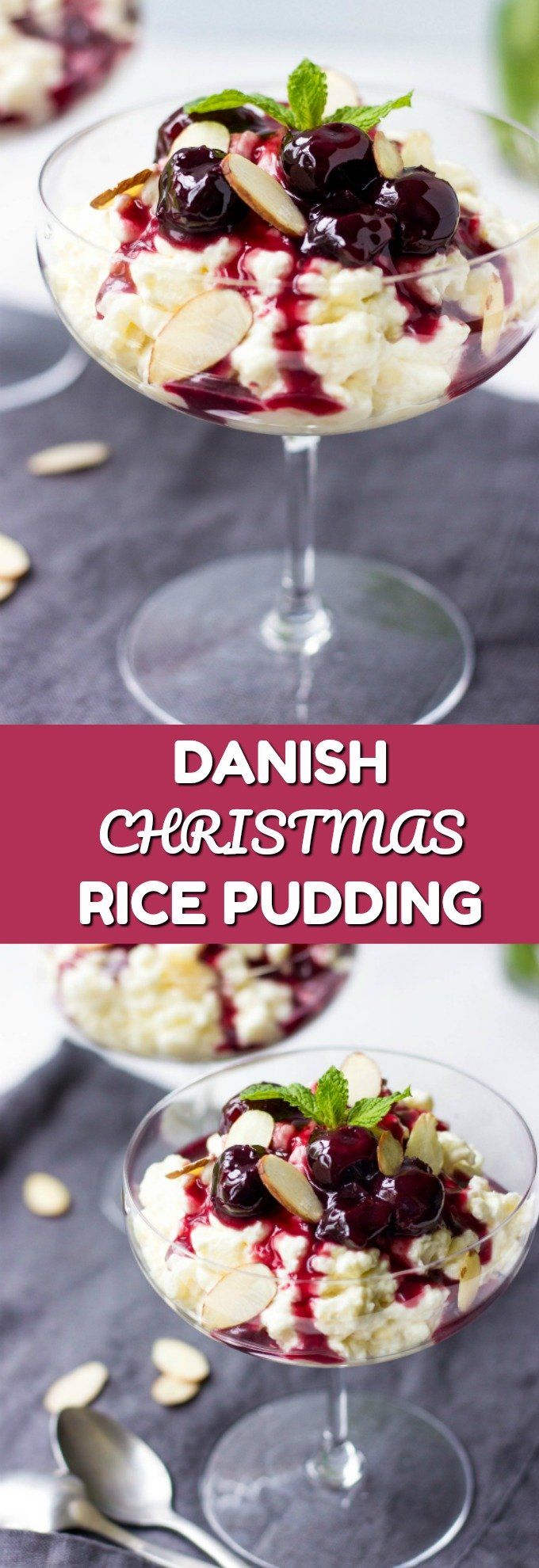 three desserts in glass dishes with toppings on them and the words danish christmas rice pudding