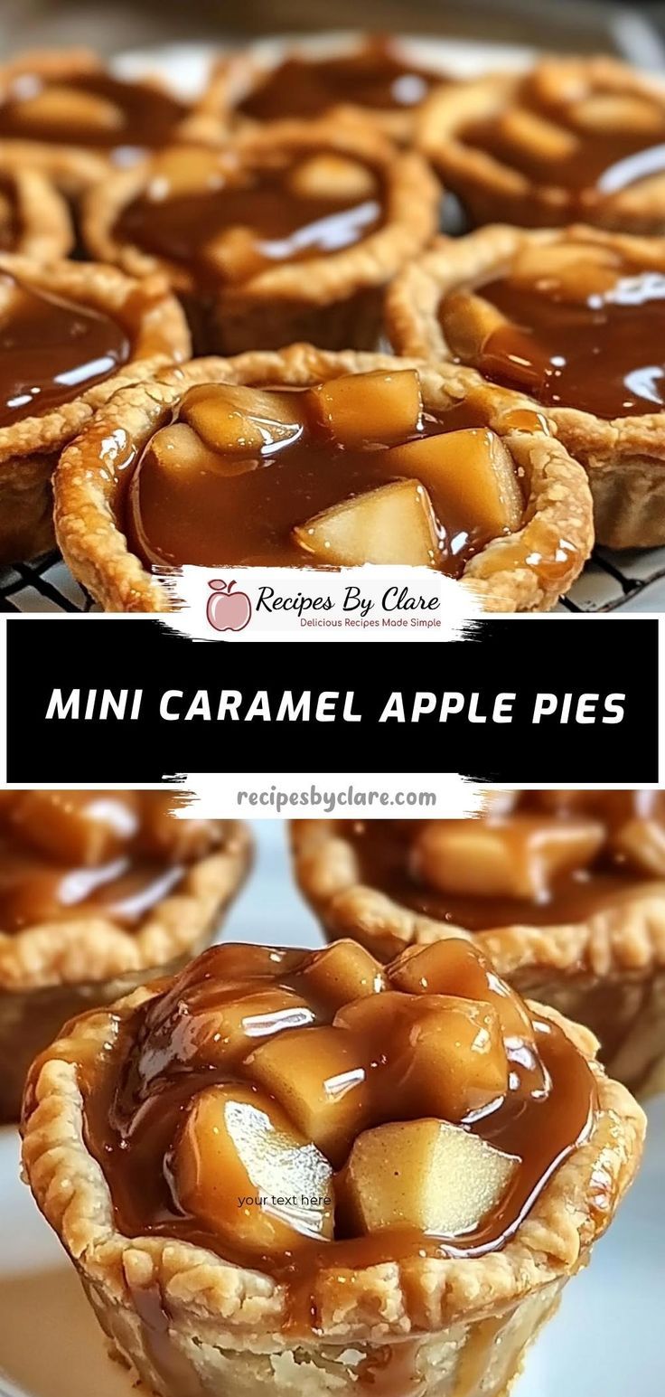 mini caramel apple pies on a white plate with text overlay that says mini caramel apple pies