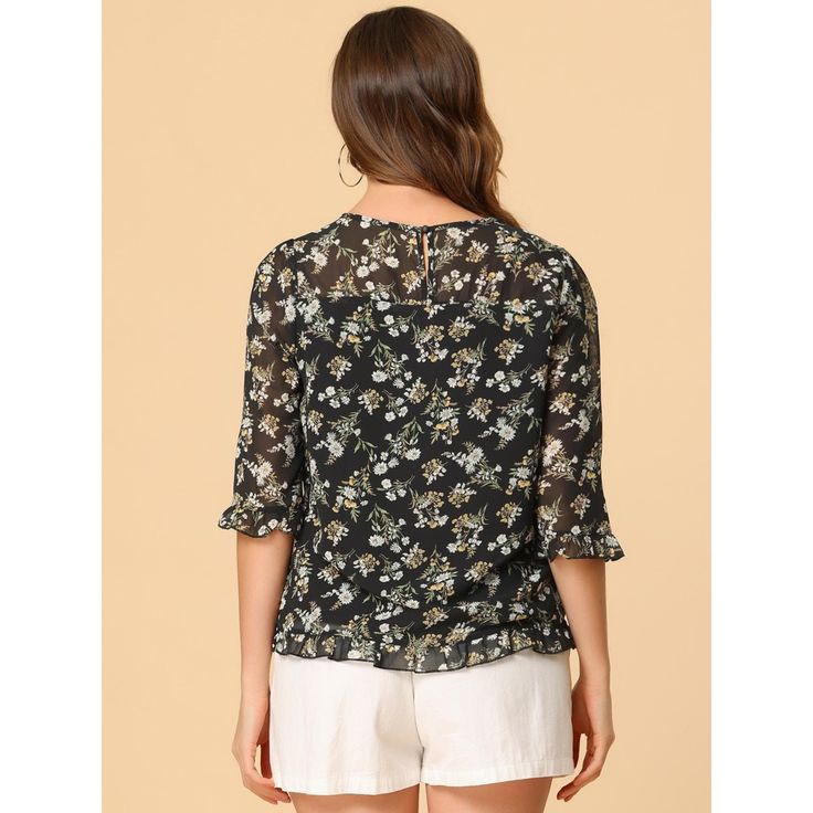 Whether you're in the office or out on the town, this ruffle collar floral print top is perfect for any occasion. It looks comfortable and it is made of very nice flowy breathable material with a pretty floral design. It looks fresh and great for early fall. The style of the blouse gives a very fresh and youthful look without excluding an older audience. Beautiful boho design, very neutral color, could match with Jeans for a very tailored casual look, great for spring and summer. Floral Print 3/4 Sleeve Work Blouse, Floral Print 3/4 Sleeve Tops For Work, Floral Print Workwear Blouse With 3/4 Sleeves, Floral Print 3/4 Sleeve Workwear Blouse, Floral Print 3/4 Sleeve Workwear Top, Feminine 3/4 Sleeve Blouse With Floral Print, Feminine Blouse With 3/4 Sleeve Floral Print, Chic Blouse With Floral Print And 3/4 Sleeves, Black Chiffon Blouse With Floral Print