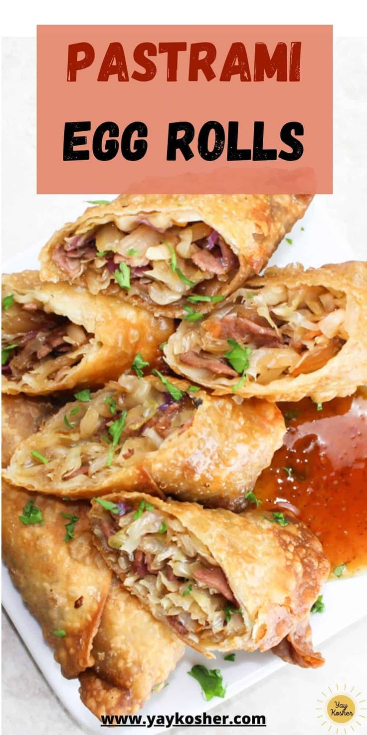 an egg roll is stacked on top of each other with sauce and parsley in the background