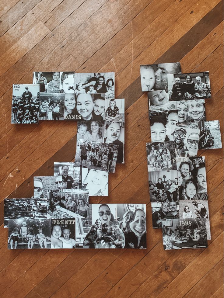 the number twenty five made out of photos on a wooden floor with other pictures in it