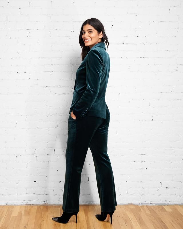 Farrah Velvet Pants - Forest Green | Universal Standard Chic Full-length Fall Suits, Chic Full Length Fall Suits, Chic Full Length Suits For Fall, Fall Velvet Workwear Pants, Velvet Full-length Work Pants, Velvet Full-length Pants For Work, Velvet Workwear Pants For Fall, Chic Velvet Formal Pants, Formal Velvet Bottoms For Fall