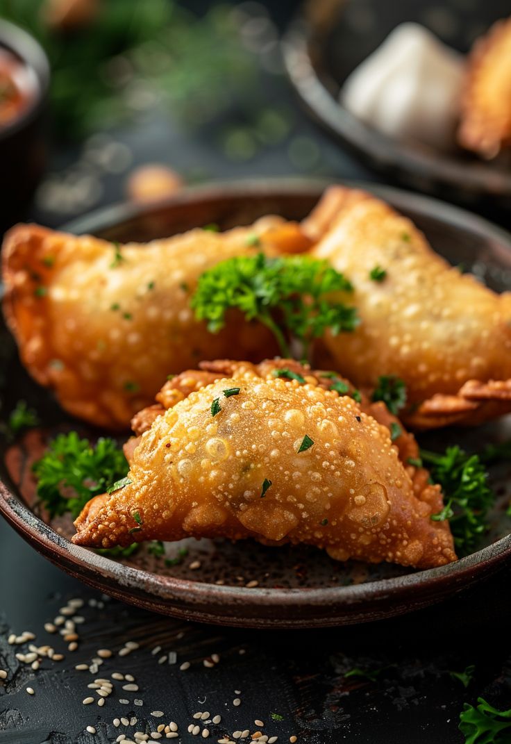 some fried food is in a bowl on a table with other plates and bowls behind it