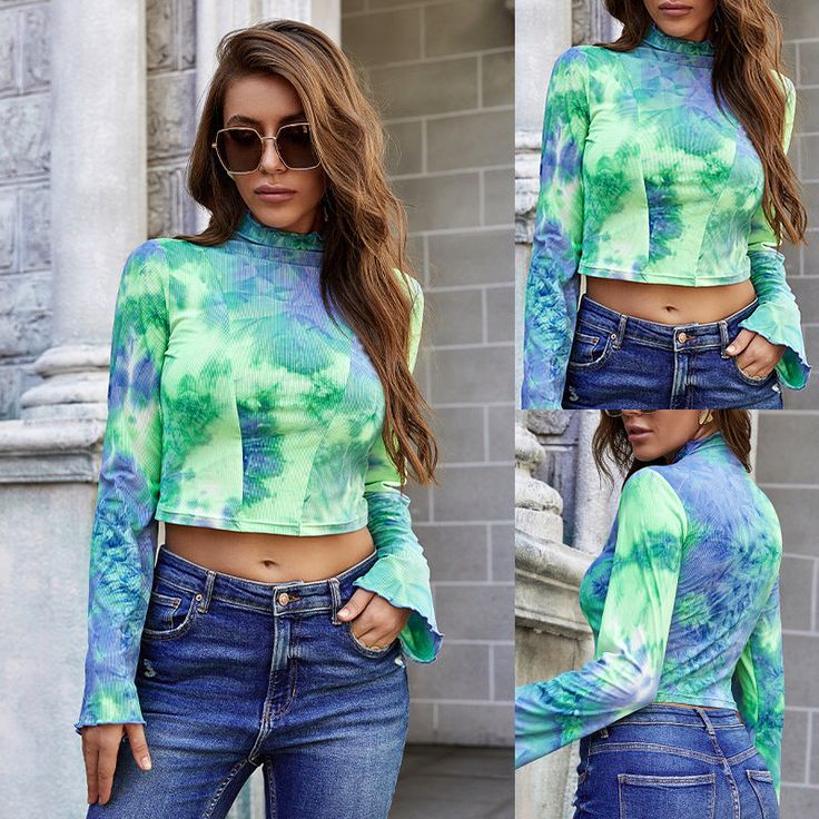 Size Bust-Elastic Length cm inch cm inch S 70 28 77 30 M 74 29 78 31 Trendy Acid Wash Tops For Summer, Acid Wash Stretch Tops For Spring, Spring Crew Neck Acid Wash Tops, Trendy Acid Wash Top For Spring, Spring Acid Wash Crew Neck Top, Fitted Green Long Sleeve T-shirt, Casual Tie Dye Tops For Spring, Casual Tie-dye Top For Spring, Fitted Acid Wash Cotton Tops