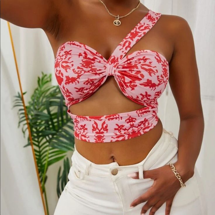 New Still In Packaging Trendy Red Floral Print Crop Top, Trendy Red Crop Top With Floral Print, Red Printed Party Tops, Red Cropped Top For Vacation, White Dress Top, Batwing Blouse, Wrap Shirt, Blue And White Dress, Cowl Neck Top