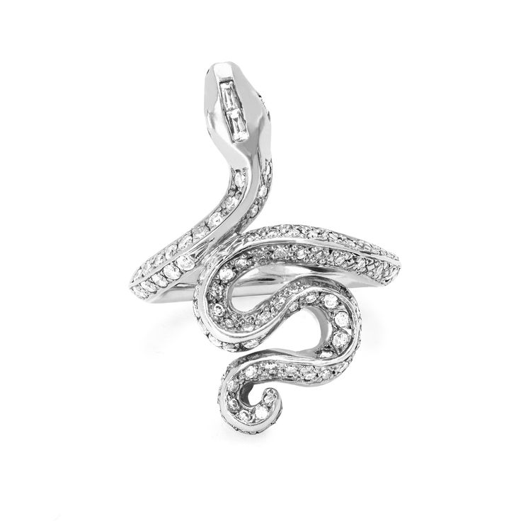 Kundalini Snake Ring with Pavé Diamonds White Gold 3 by Logan Hollowell Jewelry Elegant Snake-shaped Jewelry With Diamond Accents, Luxury Snake-shaped Jewelry With Diamond Accents, Luxury Diamond Snake Jewelry, Formal Snake-shaped Diamond Jewelry, Formal Diamond Snake Jewelry, Luxury Snake-shaped Diamond Ring, Luxury White Gold Diamond Snake Ring, Formal White Gold Diamond Snake Ring, Snake-shaped Diamond Jewelry For Anniversary