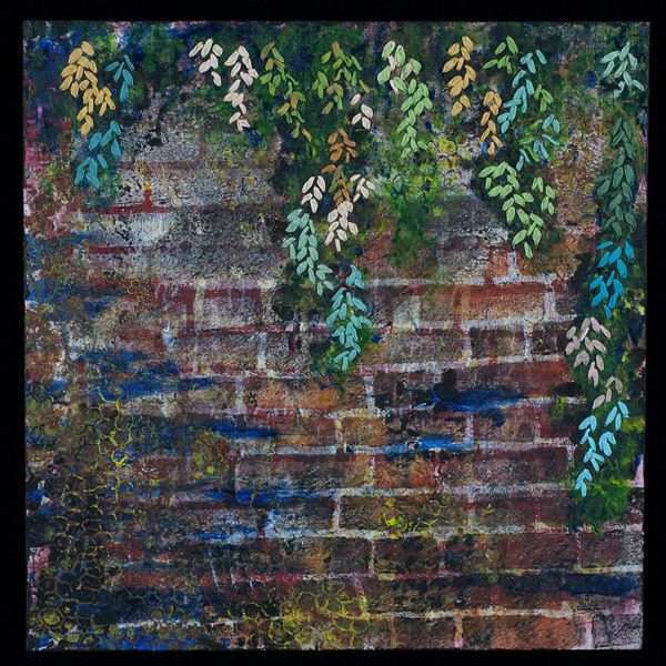 an abstract painting of leaves on a brick wall