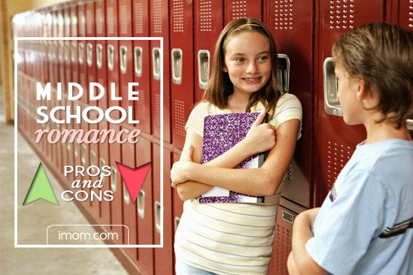 two children standing in front of lockers with the words middle school romance pros and cons