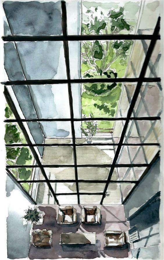 watercolor and ink painting of an atrium