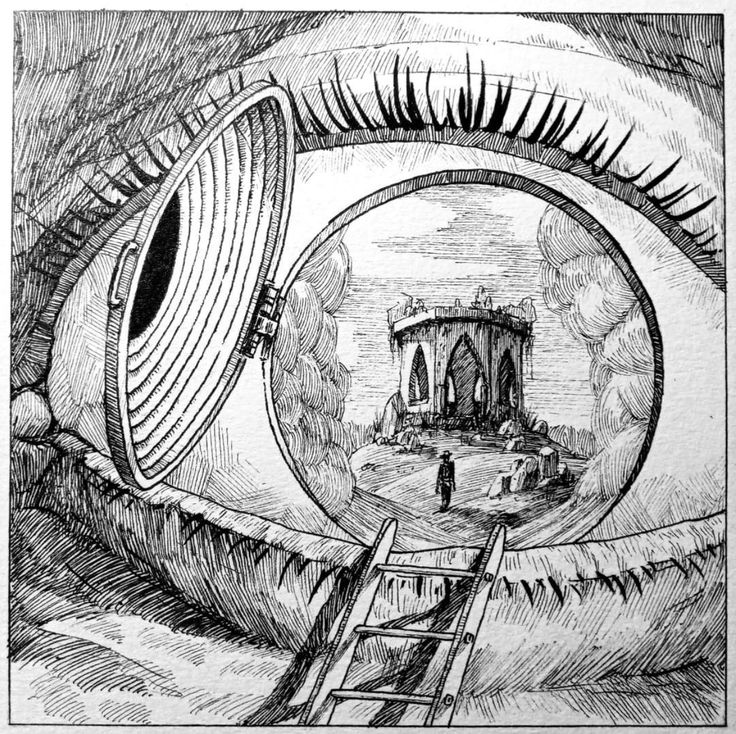 a drawing of an eye looking into the distance