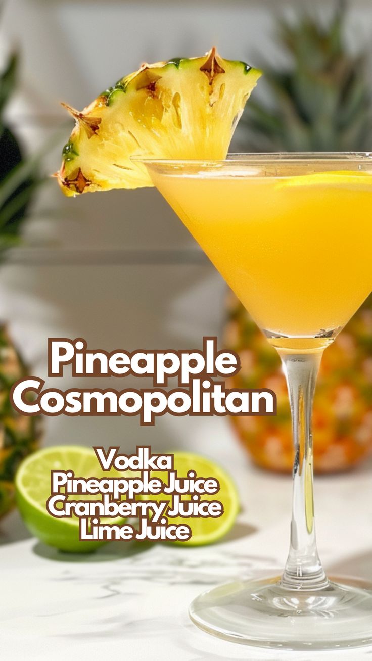 It’s a refreshing twist on the classic Cosmo, swapping traditional ingredients for pineapple juice, which adds a fruity punch. This cocktail is perfect for those who enjoy a sweet yet slightly tart flavor. The combination of vodka, cranberry, and citrus notes creates a balanced drink that’s enjoyable at any gathering. #pineapplecosmopolitan via @mybartender Vodka Grenadine Cocktails, Fun Vodka Cocktails, Pineapple Cosmopolitan, Simple Summer Cocktails, Summer Party Drinks, Simple Cocktails, Vodka And Pineapple Juice, Vodka Cranberry, Vodka Recipes Drinks