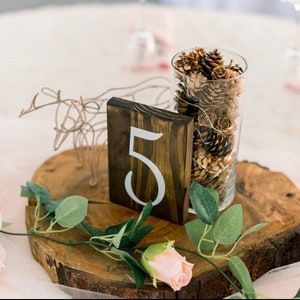 the table numbers are placed on wood slices