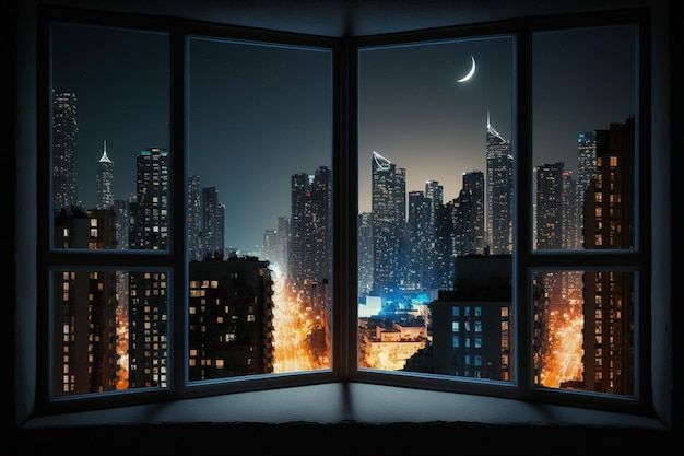 an open window with city lights in the background and a crescent moon on the horizon