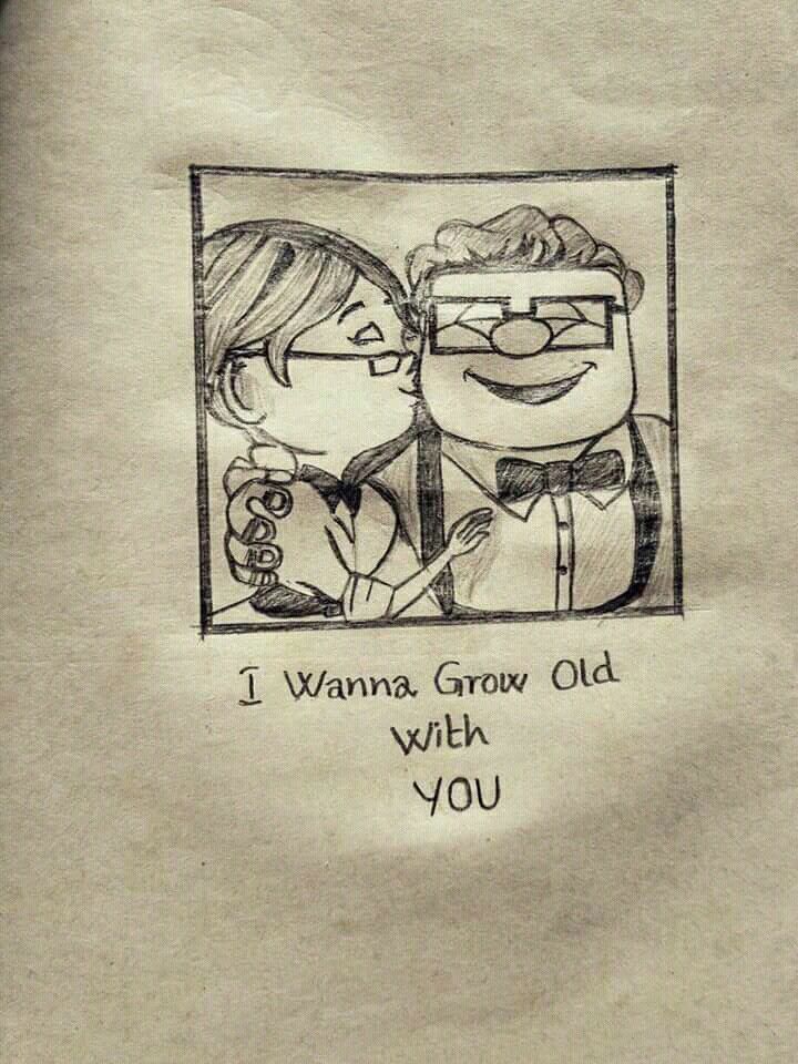 a drawing of a man and woman with the caption i wanna grow old with you