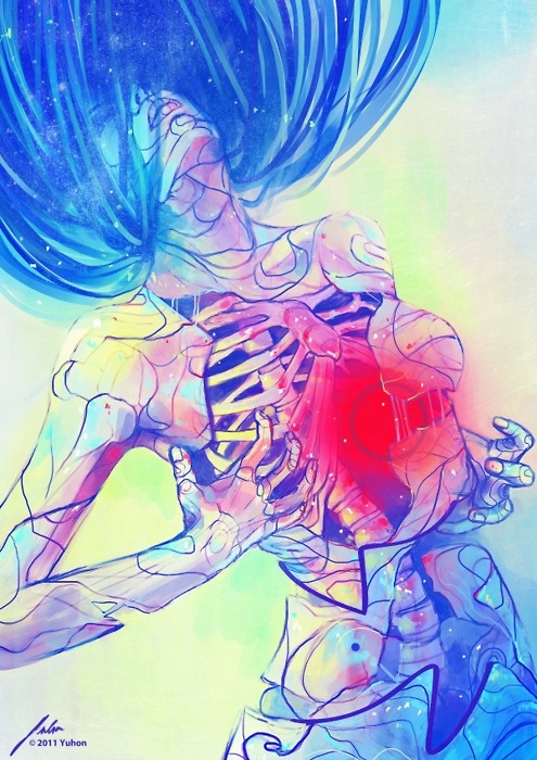 an abstract painting of a woman with blue hair and red heart on her chest,