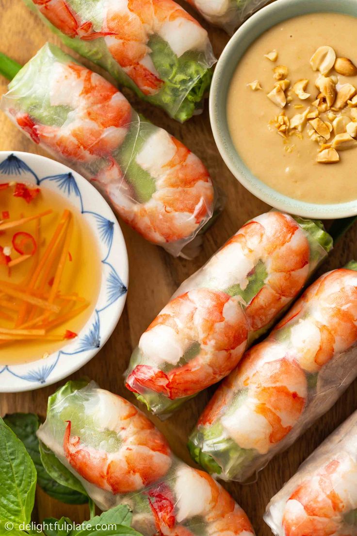 shrimp rolls with peanut butter dipping sauce on the side