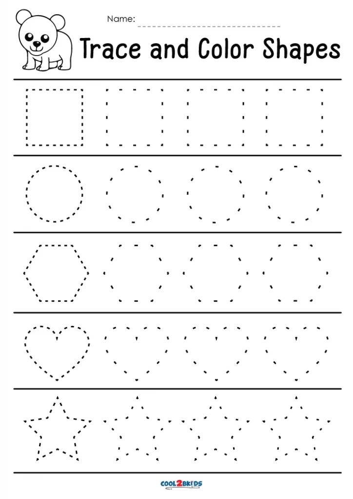 trace and color shapes worksheet for children to practice handwriting, numbers and letters