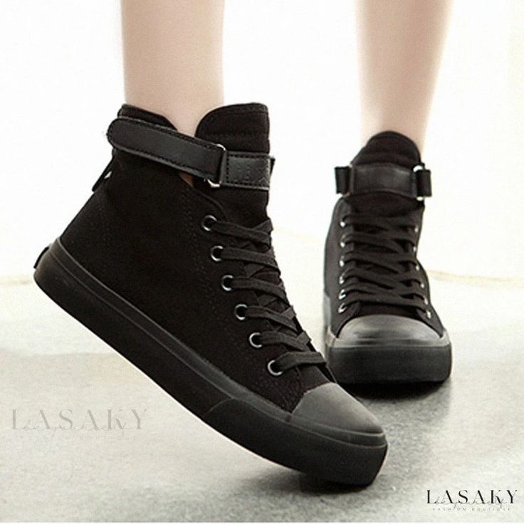 Lasaky - Feiyao High-Top Canvas Sneakers in Black - Classic All-Black Shoes with a Casual Twist Shoes Wedges Sneakers, Black Canvas Shoes, All Black Shoes, Craft Sewing, Black High Tops, White Shoes Women, Wedge Sneakers, High Top Shoes, Trendy Shoes