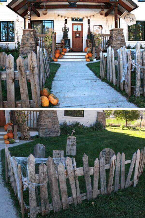 two pictures of a house with pumpkins in the yard