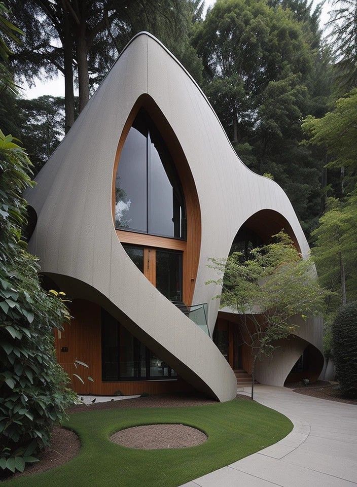 an unusual house in the middle of a park with grass on the ground and trees around it