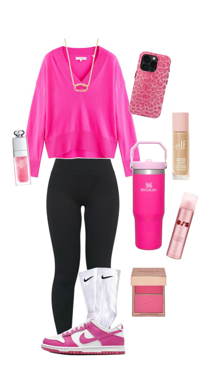 outfit inspo, preppy outfit, pink outfit, hot pink, comfy outfit, nike dunks outfit, kendra scott, makeup, iphone, trendy outfit, basic outfit, stanley, door lip oil, blush Outfit For Pink Dunks, Pink Low Dunks Outfit, Cute Outfits With Pink Dunks, Door Lip Oil, Hot Pink Uggs Outfit, Light Pink Pants Outfit, Pink Uggs Outfit, Pink Dunks Outfit, Salon Fits