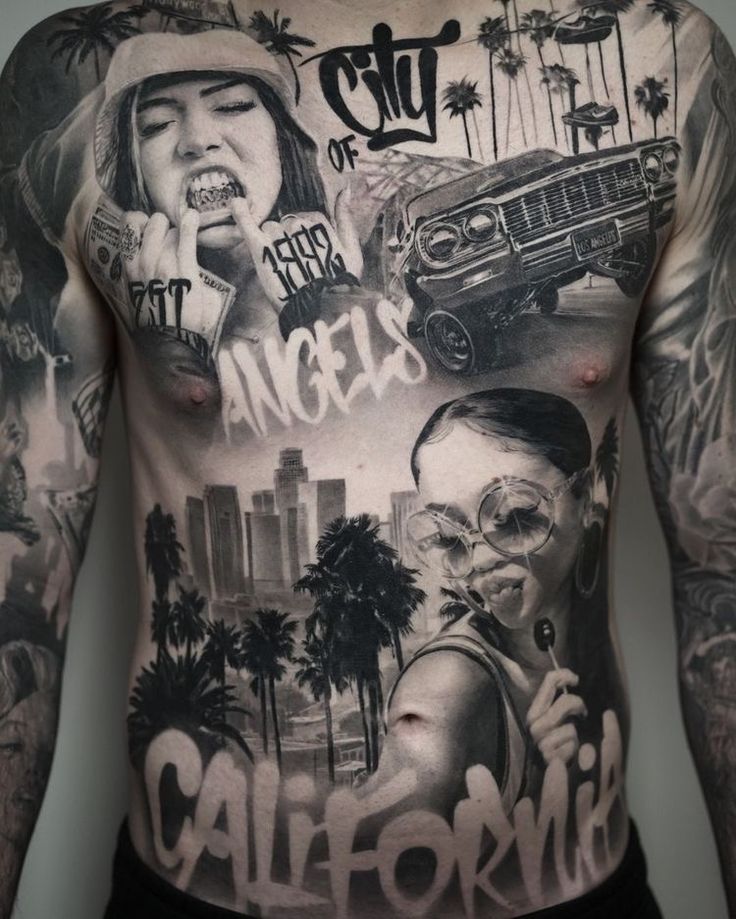 a man with tattoos on his chest and back