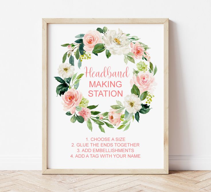 a floral wreath with the words headband making station on it in pink and green