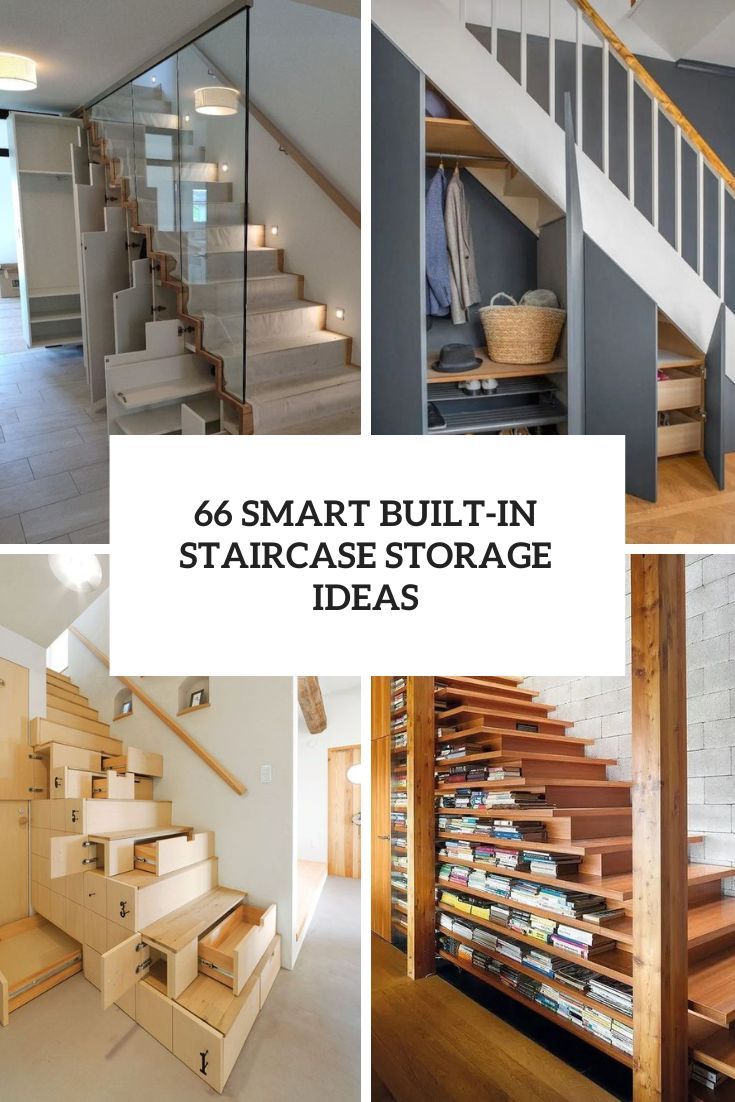 the stairs are built in storage boxes and under the stairs is an open space with bookshelves