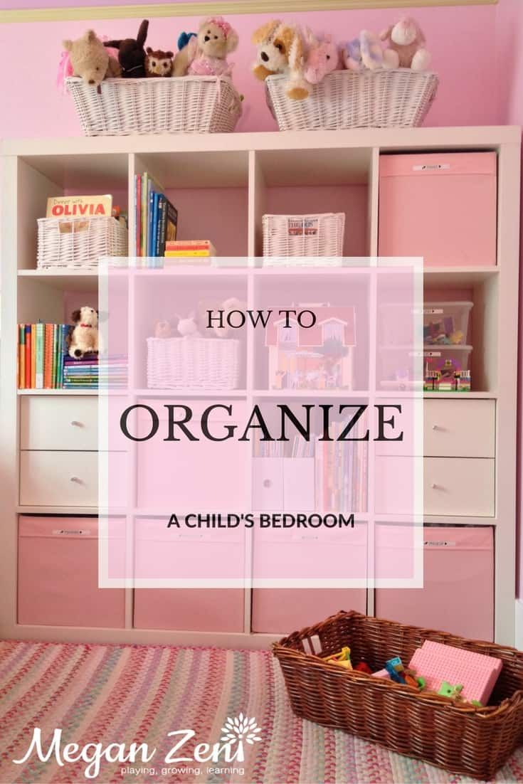 a child's bedroom with pink walls and white shelves