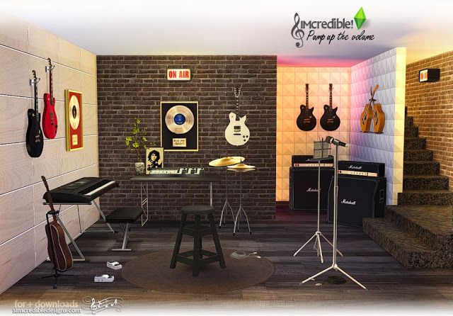 an artist's rendering of a music studio with guitars on the wall