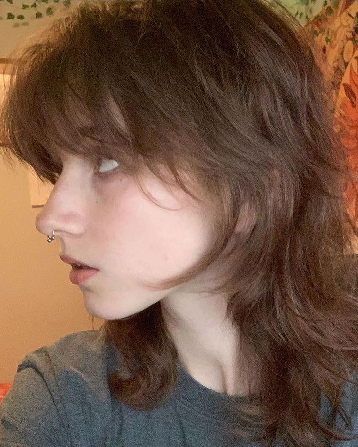 Soft Female Mullet, Alt Female Haircuts, Shag Haircut Brunette, Shaggy Mullet For Women Short Straight, Gender Neutral Shag Hair, Long Nonbinary Hairstyles, Short Shaggy Brown Hair, Midwest Emo Haircut, Short Shag For Wavy Hair