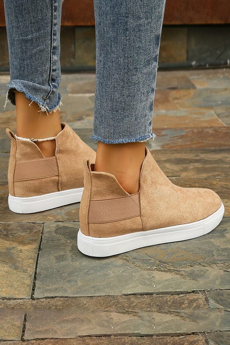 Step into stylish comfort with these Camel High Top Slip-on Casual Sneakers. Crafted from premium materials, they feature a slip-on design, a padded insole for extra cushioning, and a stylish high top design. Perfect for everyday wear, these sleek sneakers will take your look to the next level. Material: Suede Model info: Models are 5'7", Size 2, wearing smalls Size Chart (INCH) Sizes Foot Length 6(37) 9.4 7(38) 9.6 8(39) 9.8 8.5(40) 10.0 9.5(41) 10.2 10(42) 10.4 Gold Ankle Boots, Short Winter Boots, Slip On Boots, Zipper Boots, Boots Women Fashion, Casual Heels, High Top Shoes, Winter Shoes, Womens Boots Ankle