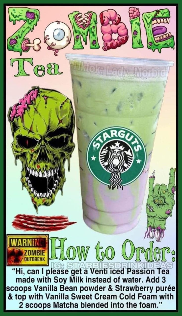 an advertisement for starbucks's zombie flavored iced drink, featuring a skull head