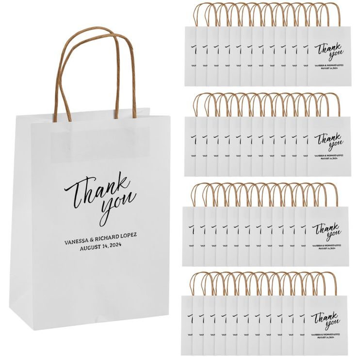 white paper bags with gold handles and thank you tags on the front, set of 10