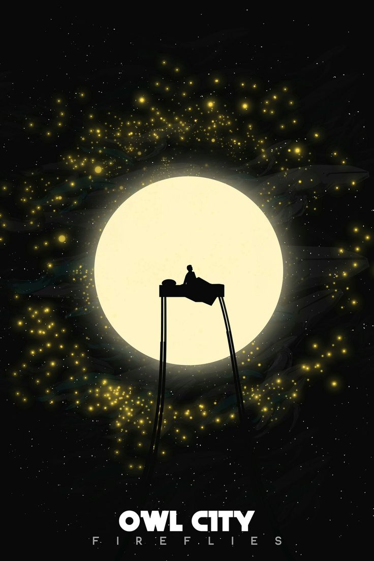 the poster for owl city fireflies shows a man on a ladder in front of a full moon