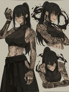 a drawing of a woman with tattoos on her arms and legs, in different poses