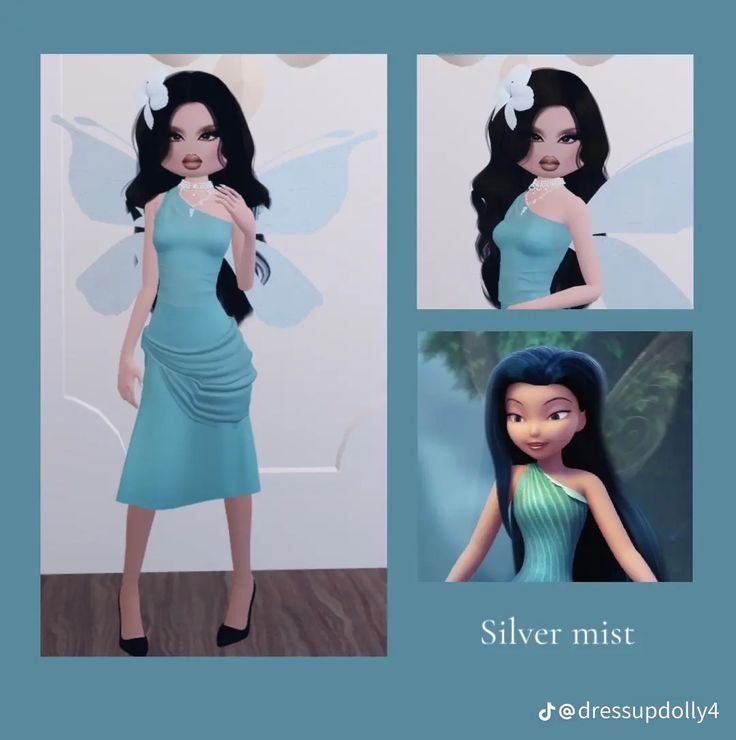 an animated image of a woman in a blue dress with long black hair and butterfly wings