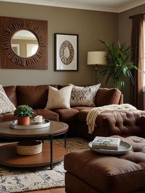 a living room filled with furniture and a large mirror on the wall above the couch