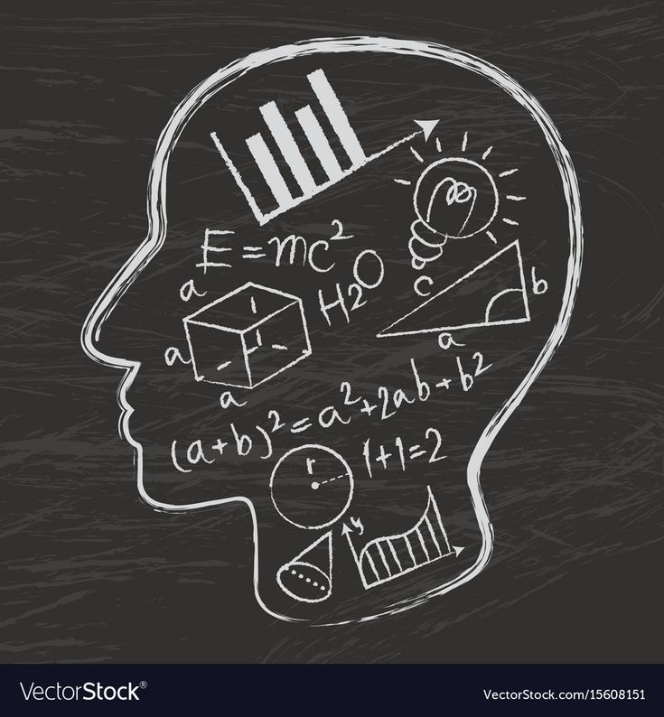 a chalk drawing of a human head with numbers and symbols on the blackboard background