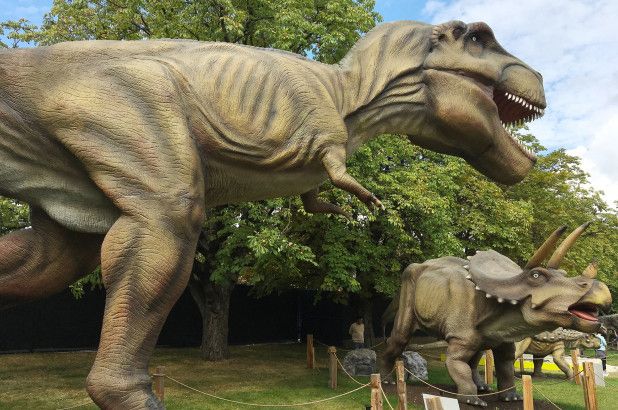 two dinosaur statues in the grass with trees in the background