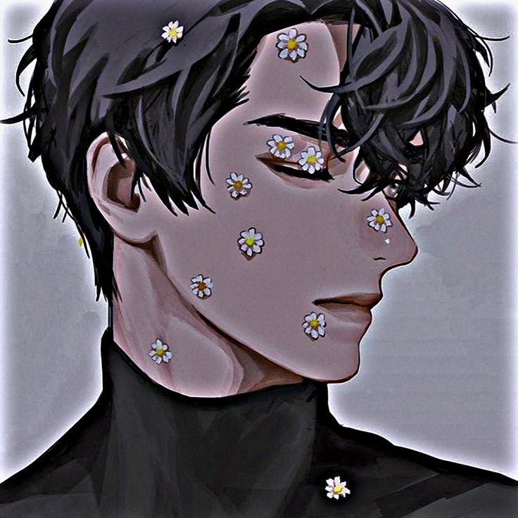 a drawing of a man with flowers in his hair and piercings on his face