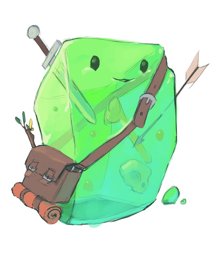 a drawing of a green bag with arrows on the side and an arrow sticking out of it