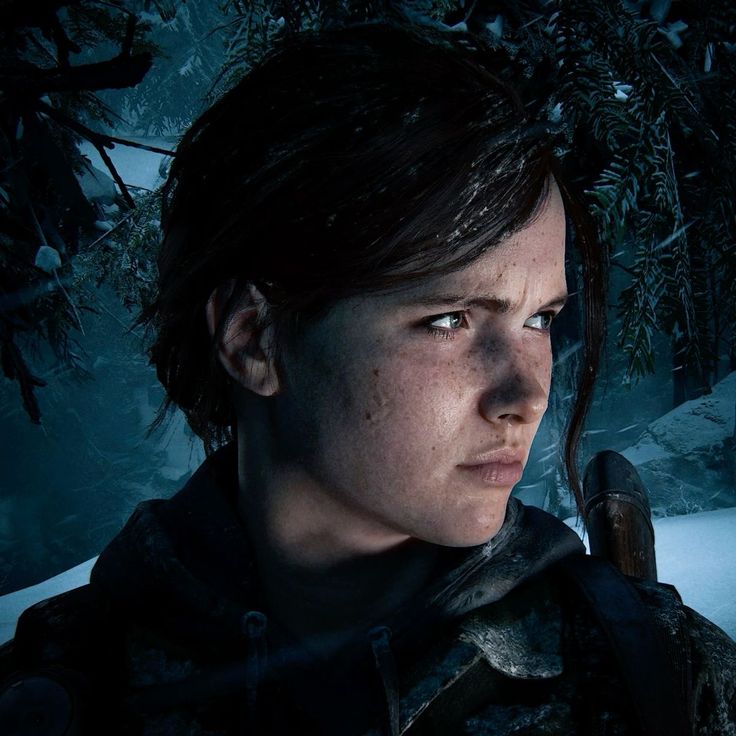 the last of us's characters are looking at something in the distance, with snow and trees behind them