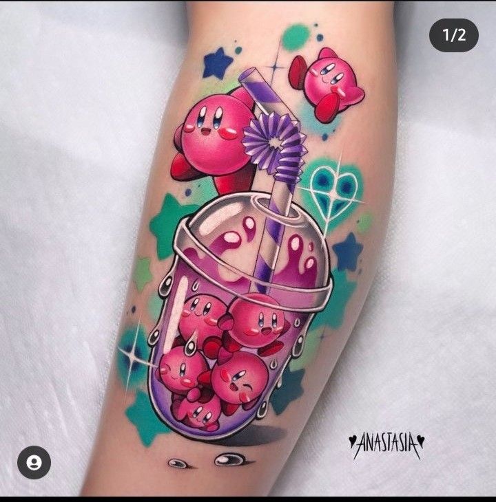 a colorful tattoo with pink and purple items in a jar on the leg that has hearts coming out of it