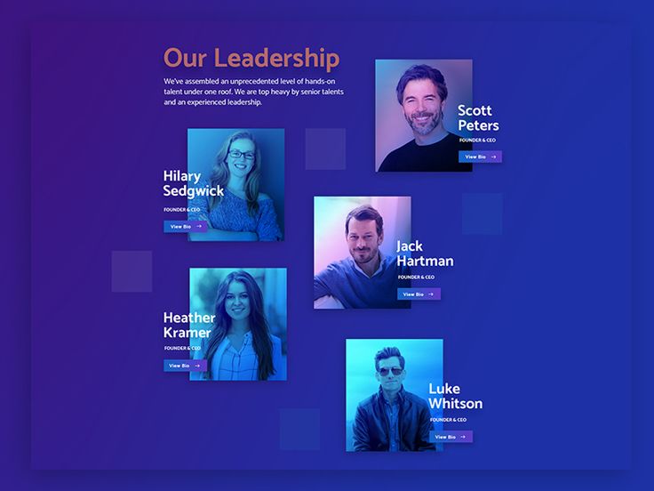 a group of people that are standing in front of a purple background with the words our leadership on it