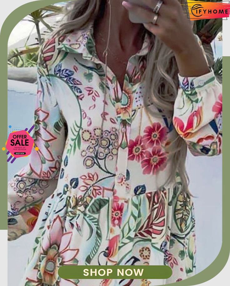 Buttoned Loose Casual Shirt Collar Dress Printed Long Sleeve Summer Blouse, Casual V-neck Floral Print Shirt Dress, Spring Vacation Collared Blouse, Collared Blouse For Spring Vacation, Summer Floral Print Long Sleeve Shirt Dress, Summer V-neck Shirt With Floral Print, Vacation Long Sleeve Shirt With Floral Print, Long Sleeve Floral Print Shirt For Vacation, Long Sleeve Floral Print Shirt Dress For Summer