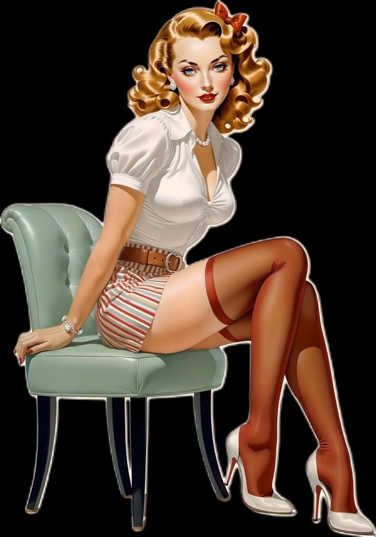 a woman sitting on top of a green chair wearing stockings and high heeled shoes