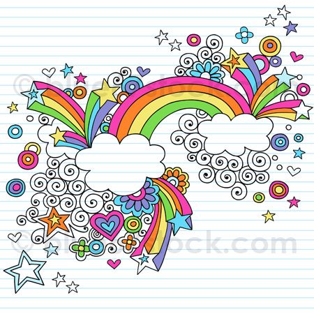 a notebook page with rainbows, stars and clouds