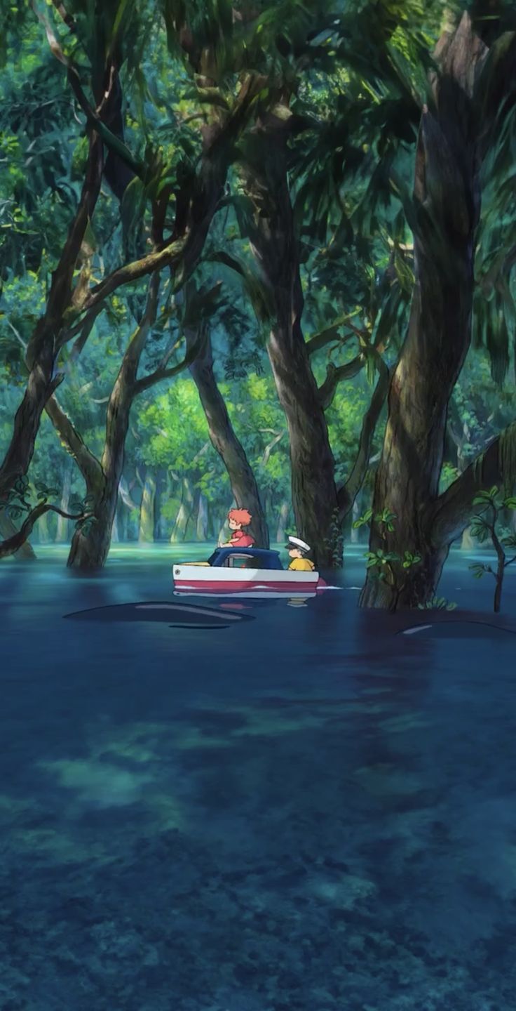 two people in a boat on a river surrounded by trees