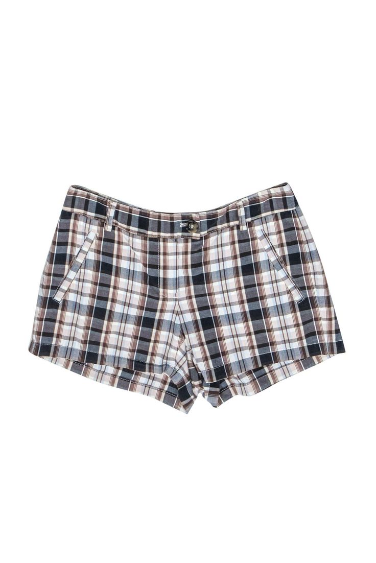 Current Boutique-Theory - Brown, Blue & Beige Plaid Short Sz 2 Summer Plaid Shorts With Built-in Shorts, Preppy Cotton Summer Bottoms, Preppy Cotton Bottoms For Summer, Preppy Summer Cotton Bottoms, Trendy Plaid Short Bottoms, Trendy Short Plaid Bottoms, Trendy Plaid Shorts For Day Out, Preppy High-waisted Shorts For Summer, Summer Preppy High-waisted Shorts